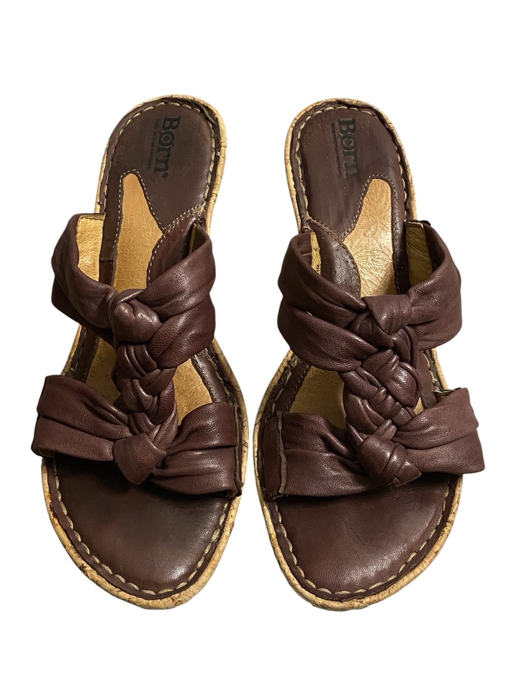 Born Women's Braided Leather Open Toe Cork Wedge Sandals
